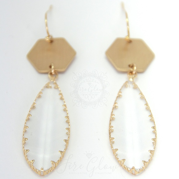 Clear Teardrop Gem Brushed Gold Tone Hex Earrings - Picture 10 of 10